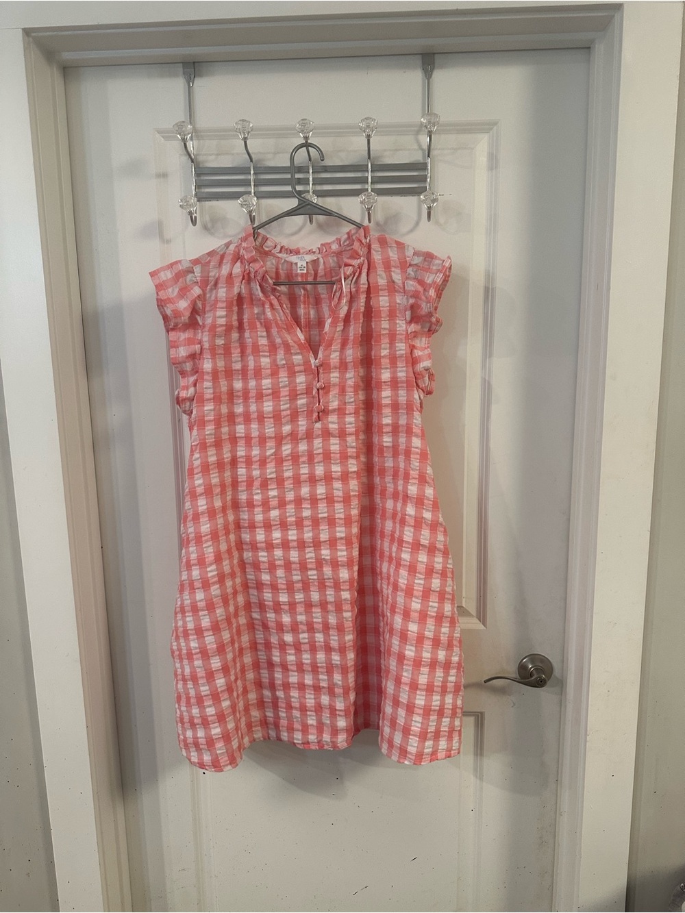 Women's pink and White Gingham Ruffle Sleeve Tunic